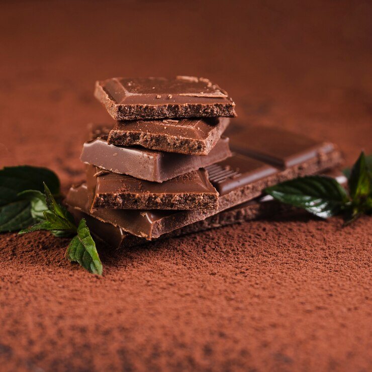 Close-up of cannabis-infused chocolate bar squares dusted with cocoa powder.